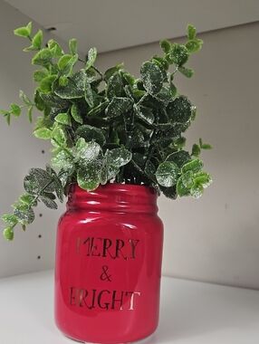 Merry & Bright Red Holiday Mason Jar Vase 4"Hx 3"W